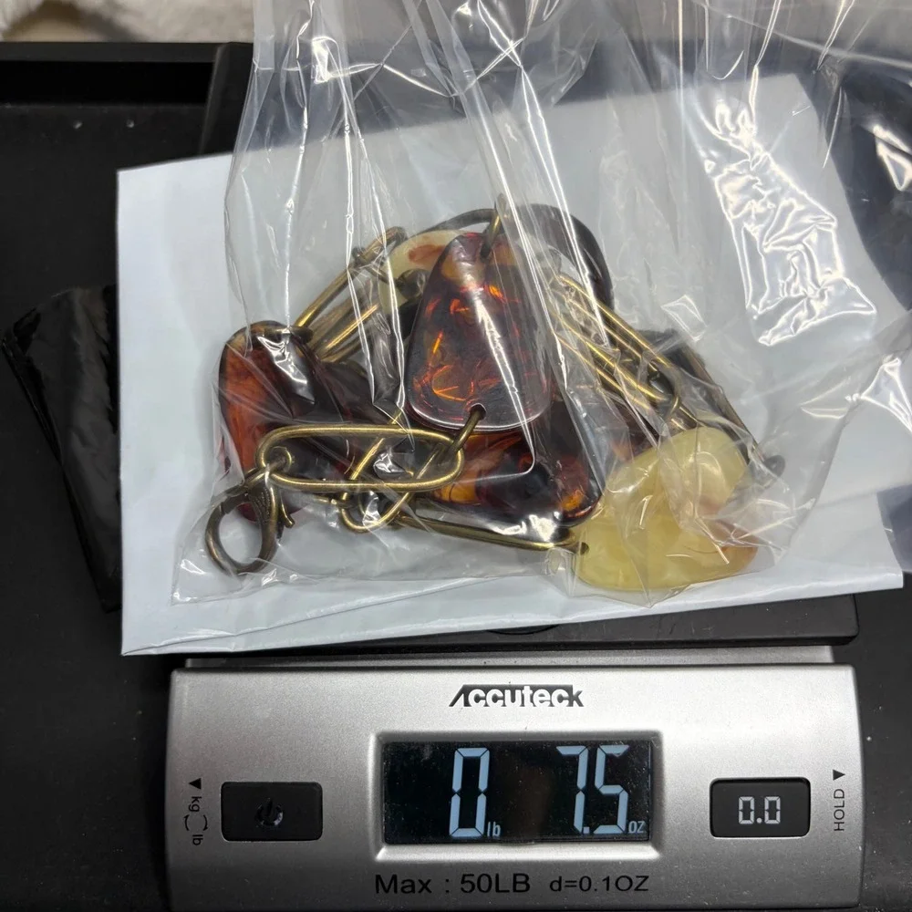 Fossil Women Brass Tone Chain Belt Faux Amber Resin Guitar Pick Charms 43 Inch